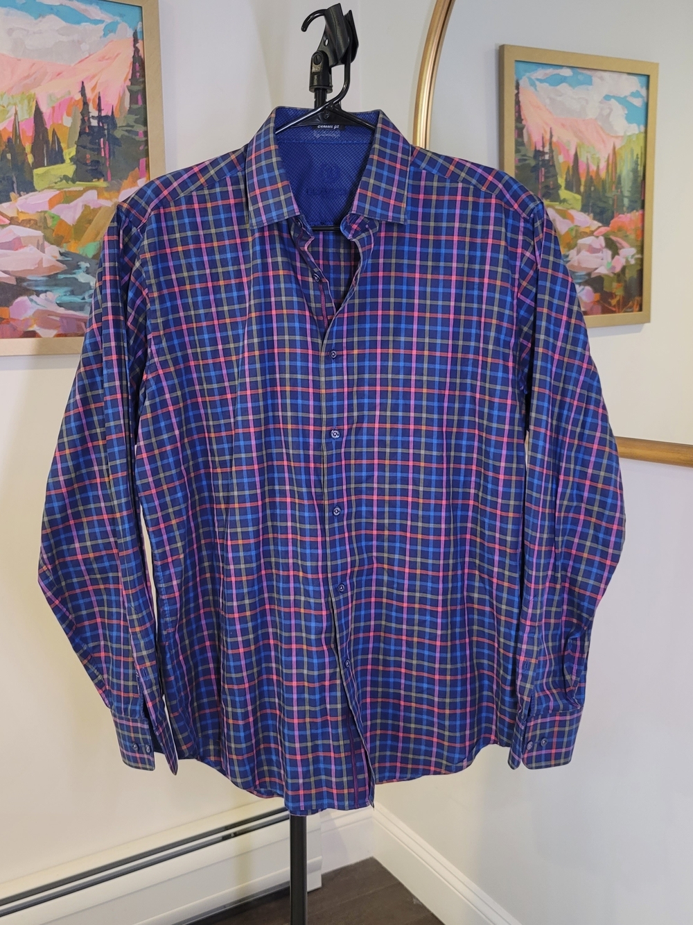 BUGATCHI Classic Fit 100% Cotton Long Sleeve‎ Button Up Shirt Blue Plaid Large